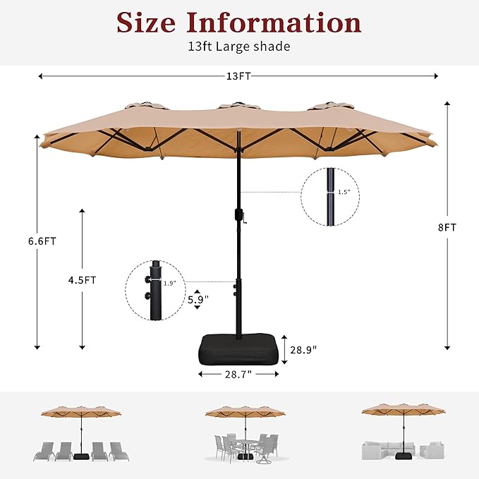 Vongrasig 13FT Large Patio Umbrellas with Base Included, Outdoor Double sided Pool Umbrellas with Crank Handle, Large Rectangle Table Umbrella for Poolside Backyard Market, Khaki