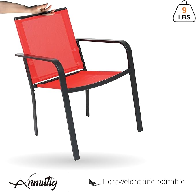 7 Piece Outdoor Dining Set with Patio Cherry Red Stackable Chairs,54" Table | 6 or 8 Person Use, Stackable Chairs, Textilene Seat&Back, Large Metal Round Slat Table, 1.56"-1.9" Umbrella Hole, All Weather