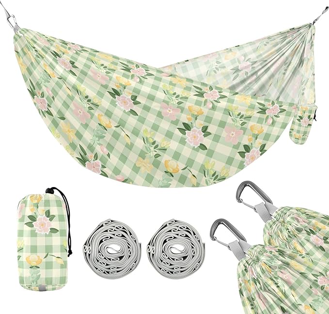 Camping Hammock Outdoor Hammocks for Outside Pink Green Yellow Plaid Flowers Beach Trees Portable Lightweight with Pockets Tree Straps Indoor