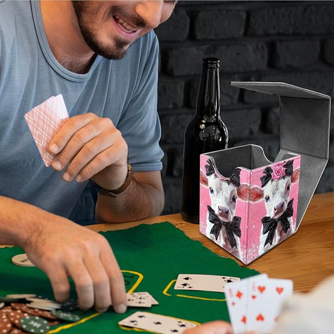 Pink Flower White Cow Card Deck Box for MTG, Personalized Card Storage Case Fits 120+ Sleeved Cards, Premium Leather TCG Box with Strong Magnetic Closure for Magic, PTCG, Baseball Cards