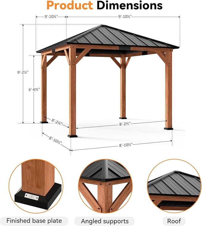 Modern Shade Tranquil Grove Wood Gazebo 10' x 10', Hardtop Gazebo Permanent with Galvanized Steel Roof, Cedar Outdoor Gazebo with Sturdy Hooks for Garden, Backyard, Patio and Deck