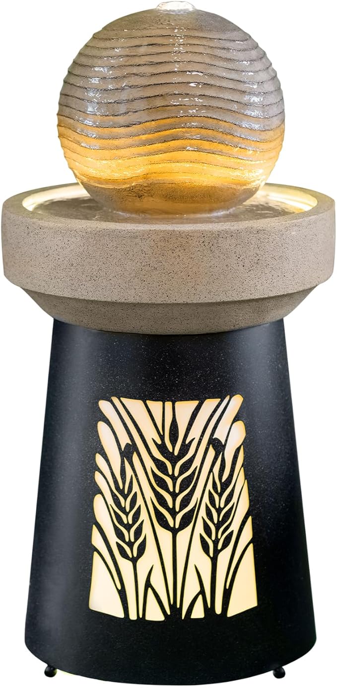 Modern Outdoor Water Fountain with LED Lights 32 Inch Sphere Waterfall Fountain for Garden Patio Yard Backyard Freestanding Water Feature Resin Contemporary Outdoor Fountain Décor