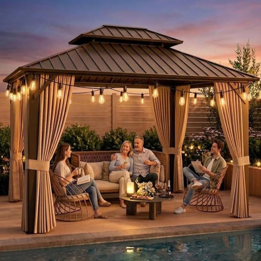 10'x12' Hardtop Gazebo with String Lights-50ft, Galvanized Steel Double Roof Canopy with Aluminum Frame, Outdoor Pavilion with Nettings and Curtains