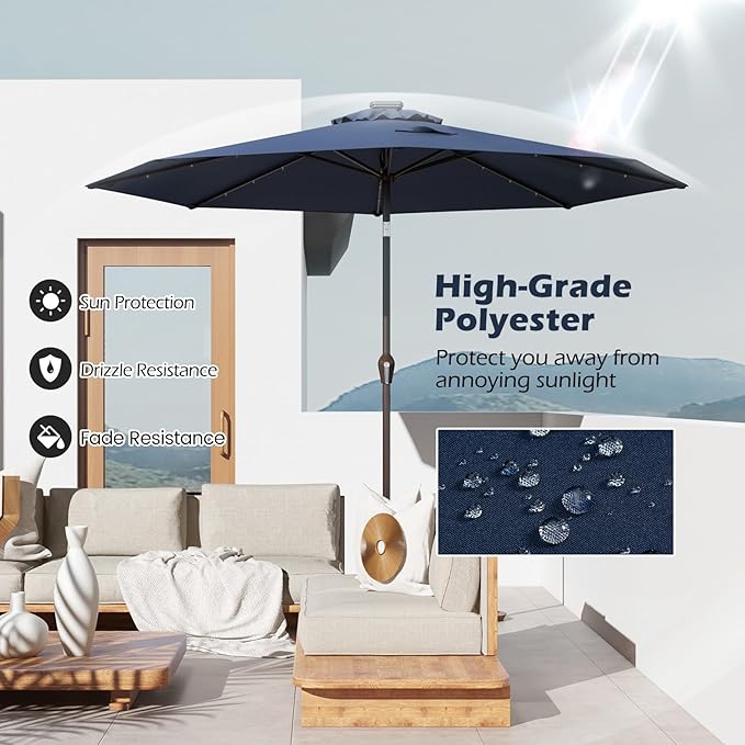 Giantex 9ft/10ft Outdoor Patio umbrella with Solar Lights, Table Market Umbrella with Crank and Push-button Tilt System, Solar LED Lighted Patio Umbrella for Backyard Deck Pool Beach
