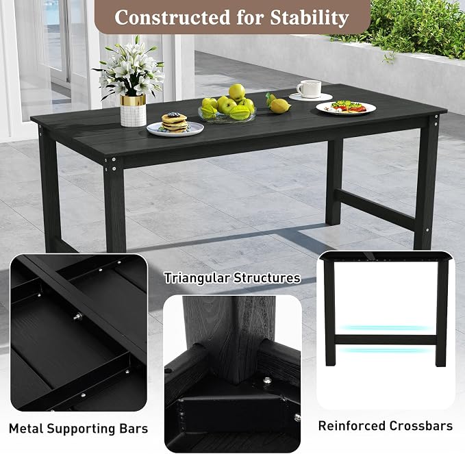 Tangkula HDPE Outdoor Dining Table for 6 Person, 67” Patio Table with Wood-Like Tabletop and Umbrella Hole, Weather-Resistant Rectangle Table for Garden, Backyard and Poolside (Black, 1 Table)