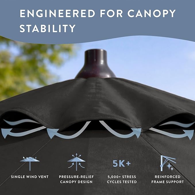 California Umbrella 10-Year Protection 9 Ft Outdoor Patio Umbrella, Pacifica Fade-Resistant Fabric, Auto-Tilt, Heavy Duty Aluminum Frame, 8 Reinforced Ribs for Pool or Deck, Bronze Pole, Black