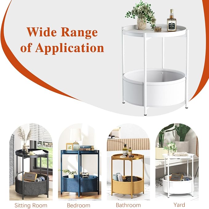 Garden 4 you Side Table with Fabric Storage Basket, Round Metal End Table, Small Bedside Table Nightstand with Removable Tray, for Nursery, Living Room, Bedroom, Bathroom, White