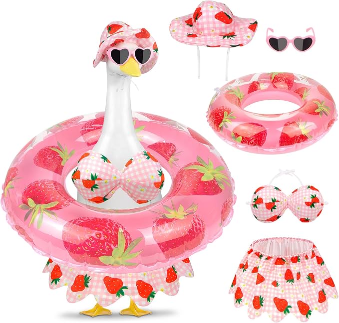 Hawaiian Porch Goose Outfits Summer Bikini Goose Outfit Fits 17 23 Inch | Strawberry Goose Costume with Sunglasses & Wreath for Cement Yard Plastic Statues, Outdoor Garden Patio Decor
