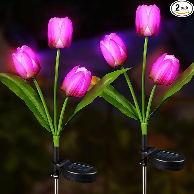 Aolyty Solar Flower Lights Outdoor, IP65 Waterproof Solar Tulip Lights LED Garden Stake Lights for Pathway Lawn Patio Yard Landscape Decorative