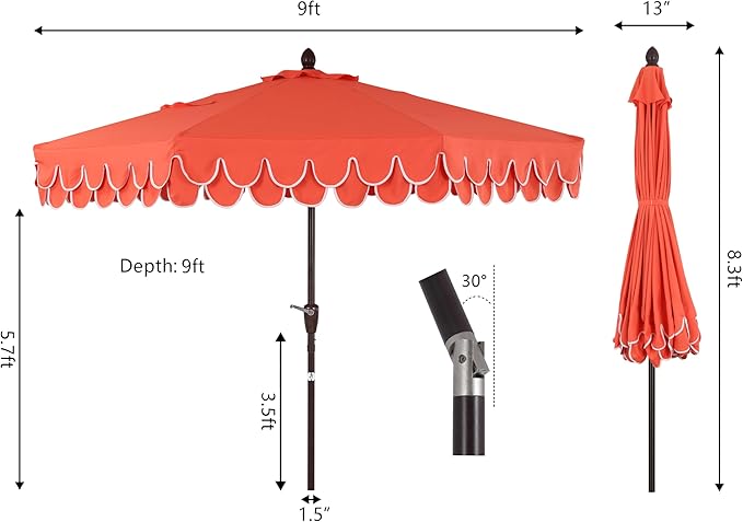 JONATHAN Y Tracy 9 ft. Outdoor Patio Umbrella with Scalloped Edge, Coastal Market Table Umbrella with Crank Lift and Tilt, 8 Sturdy Ribs UV Resistant for Pool, Coral Red, Dark Brown Pole UMB1002A