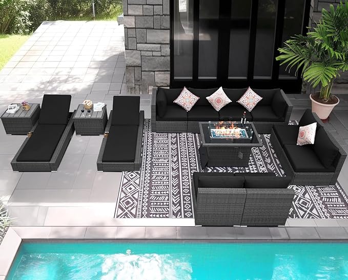 NICESOUL 13 Piece Outdoor Sectional w/Fire Pit Table, Luxury Modular Patio Furniture Set w/Chaise Lounge, Plus 29.3'' High-Back Seating Sofa, All-Weather Deck Couch for Poolside, Yard, Grey & Black