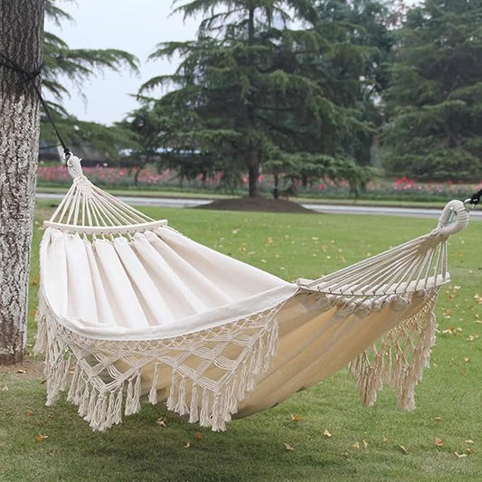 Handmade Cotton Woven Hammock, Portable Boho Canvas Swing with Tassels for Indoor and Outdoor Use, Perfect for Patio, Yard, Garden, and Camping