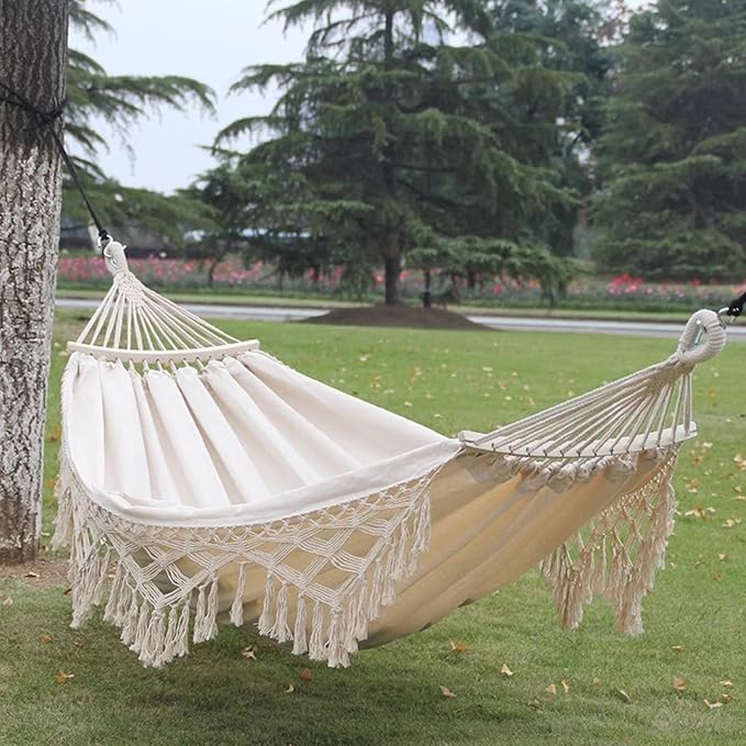 Handmade Cotton Woven Hammock, Balcony Hanging Rope Swing with Tassels, Portable Camping Double Boho Canvas Hammocks for Indoor Outdoor Patio Yard Garden(200x150cm/78.7x59in, Beige)
