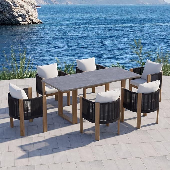homary 7-Piece Outdoor Dining Set, Modern Outdoor Heat Resistant Dining Table Patio Dining Furniture Set with Faux Marble Tabletop and Woven Rope Chairs for Patio, Balcony, Garden，6 Seat