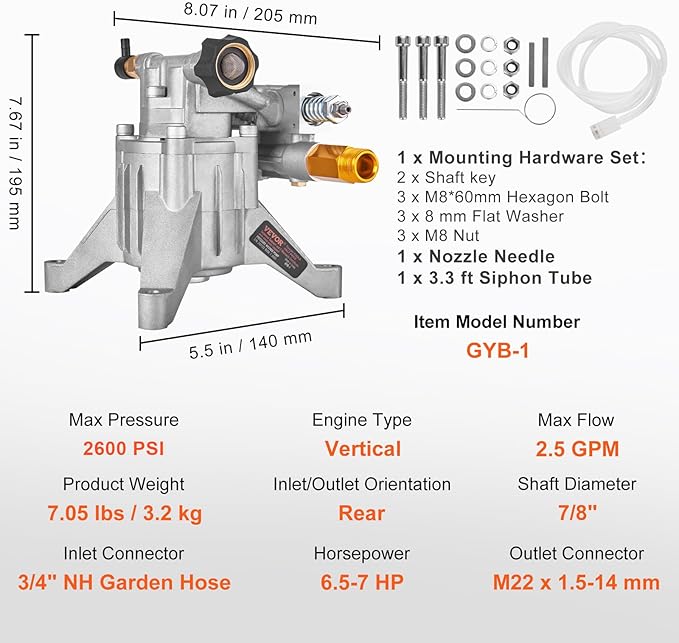 VEVOR Pressure Washer Pump, 7/8" Shaft Vertical, 2600 PSI, 2.5 GPM, Replacement Power Washer Pumps Kit, Parts Washer Pump, Compatible with Honda, Simpson, RYOBI, Briggs & Stratton, Subaru, Craftsman