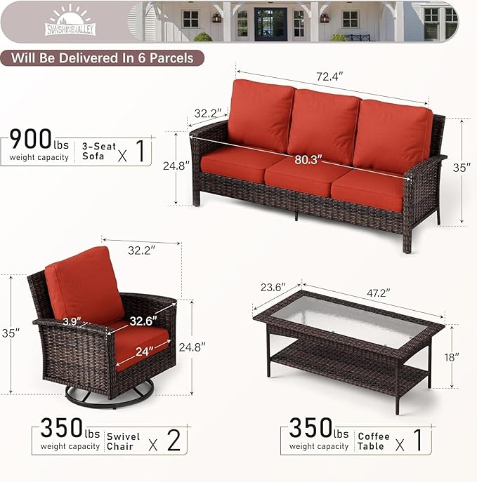 Patio Furniture Set with Swivel Chairs, High Back Wicker Rattan Furniture with 5.5" Thick Cushions and Coffee Table, Outdoor Conversation Set for Backyard Deck, 5 Seats, Red