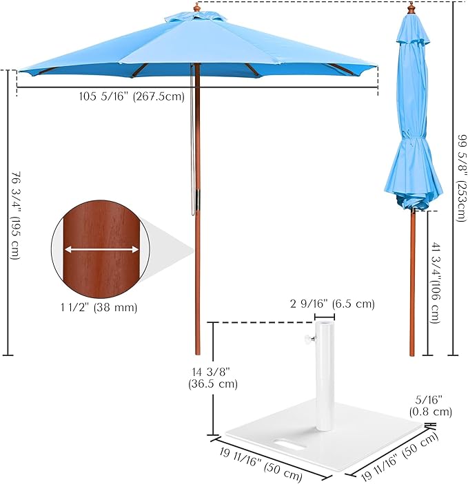 Yescom 9ft Coastal Solid Wood Umbrella Pulley Lift Commercial Base with Wheel Included for Seaside Restaurant Terrace Poolside Beach Club