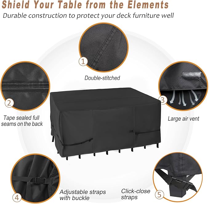 NettyPro Patio Table Cover Rectangular 125 x 84 Inch, Waterproof Outdoor Furniture Set Covers for Dining Table and Chair Rectangle, Black