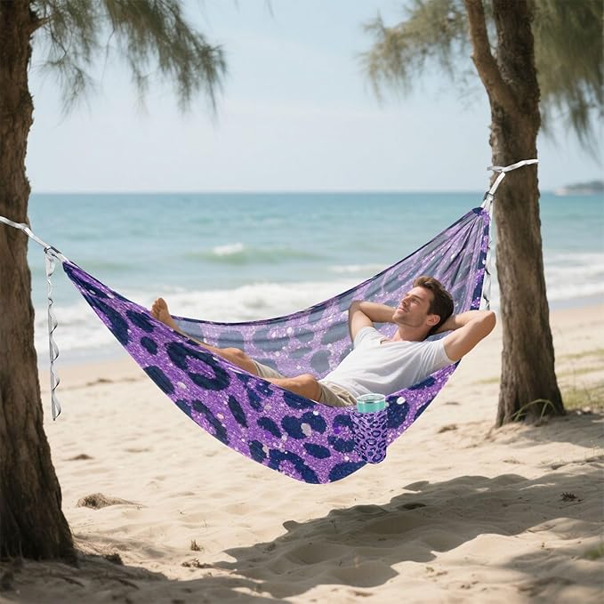 Fake Glitter Leopard Print Lavender 330lb Capacity Outdoor Hammock with Tree Straps Fabric Hammock for Outside Beach Patio Garden Base para hamaca