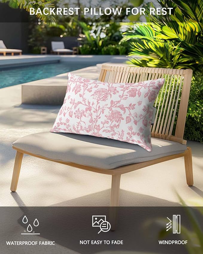 Pack of 2 Outdoor Lumbar Pillow Covers 11x16 Inch, Coral Red Flower Waterproof Throw Pillow Covers Set, Vintage Farmhouse Boho Leaf Spring Indoor&Outdoor Decorative Cushion Cases for Patio Porch Beach