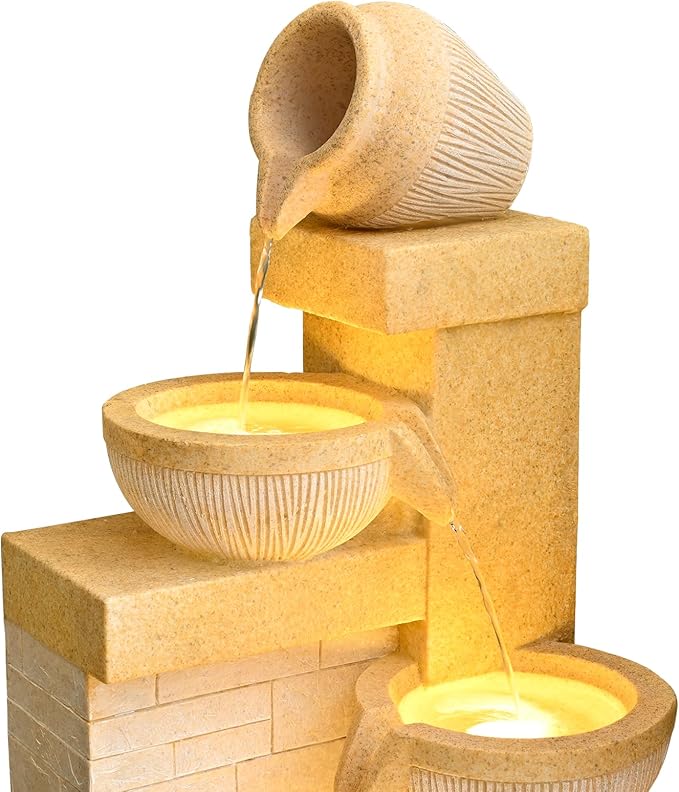 42.52" Outdoor Garden Water Fountain with Lights 4 Tiers Cascading Large Waterfall Floor Standing Fountain for Patio, Backyard, Deck, Porch and Home Art Decor