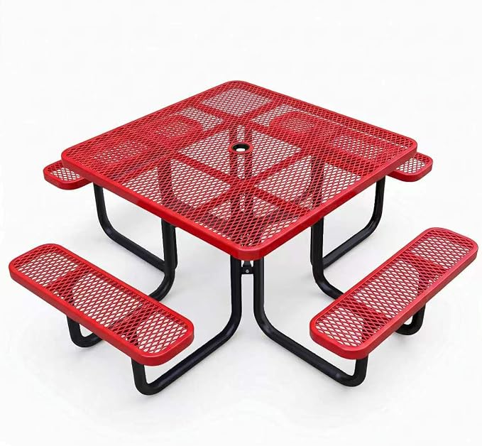 46-Inch Square Metal Outdoor Picnic Table – Commercial Heavy-Duty Steel Dining Table with Thermoplastic Coating, Weather & Rust Resistant, Ideal for Patio, Outside, Garden, Schools (red)