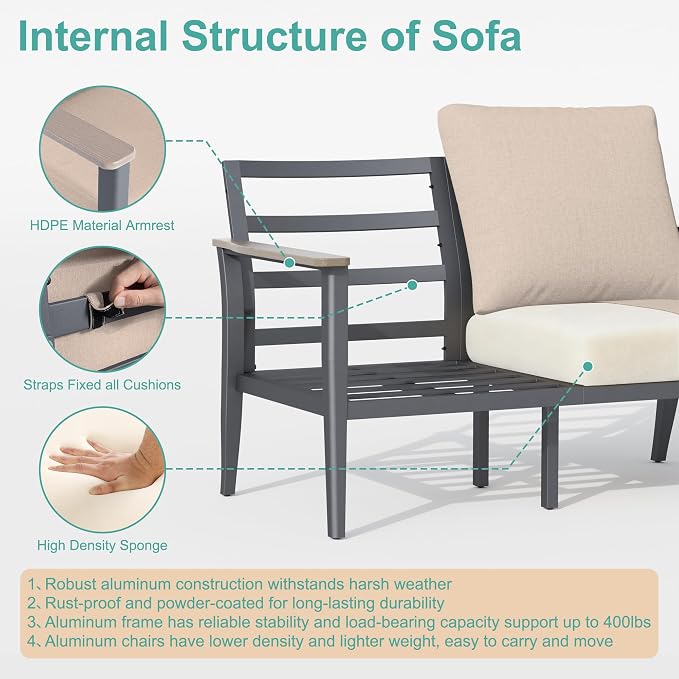 Aluminum Outdoor Patio Furniture Set with Swivel Rocking Chair 7-Seat, Patio Conversation Set Sectional Furniture Set with High Backrest & Thickened Cushions for Backyard, Sand