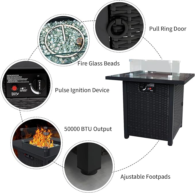 Propane Outdoor Fire Pit Table, 28" Rattan Square Fire Pit Table, Outdoor Gas FirePit W/Glass Wind Guard, Fire Pit Table top With Lid, CSA Listed, 50,000 BTU, Outside Patio Deck & Garden, Black