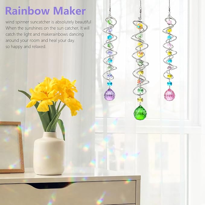 Set of 3 Crystal Spiral Wind Spinner Gazing Ball Decor | Crystal Suncatcher Rainbow Maker with Spiral Tail Hanging for Outdoor Garden Patio Porch Christmas Window Decor