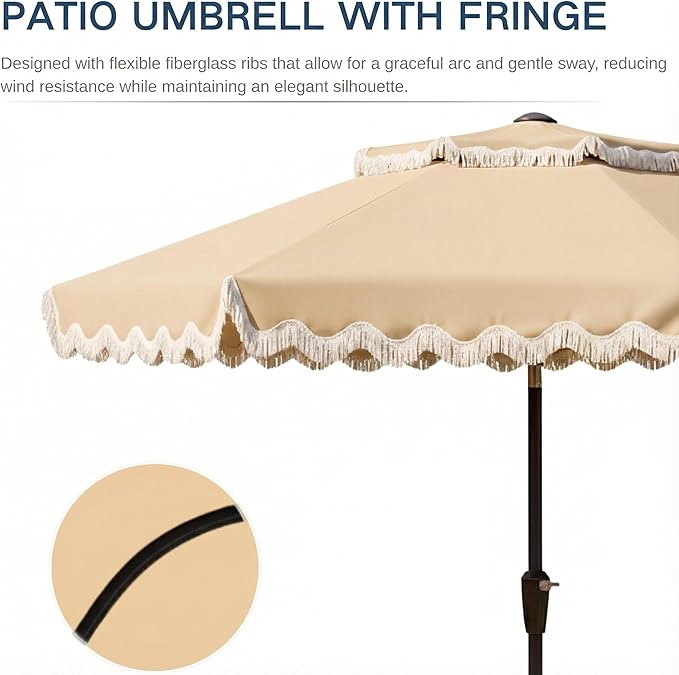 9FT Patio Umbrella with Fringe,Tassel Umbrella with Push-Button Tilt | UPF 50+ & Rust-Resistant Fiberglass Frame for Patio, Pool,Garden,Yard(Khaki)