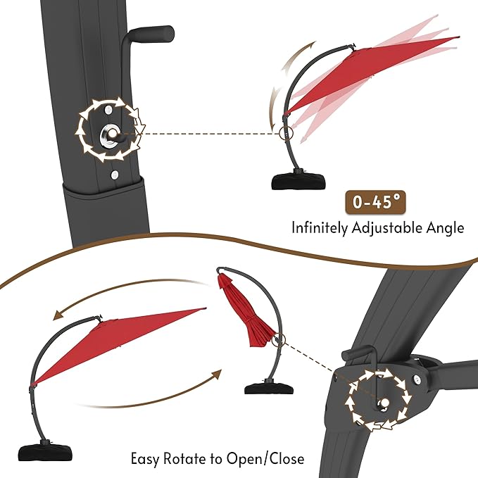 11x11FT Solar Powered LED Light Cantilever Patio Umbrella with Base Included, Large Cantilever Umbrella with 360°Rotation, Heavy-Duty Offset Outdoor Umbrella for Patio,Pool,Backyard (Red)