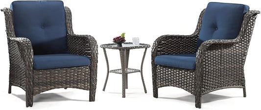 Wicker Chair Set 3-Piece Wicker Outdoor Furniture Conversational Sets with Two Armchairs & One Rattan Side Table, Olefin Cushions Included, Blue