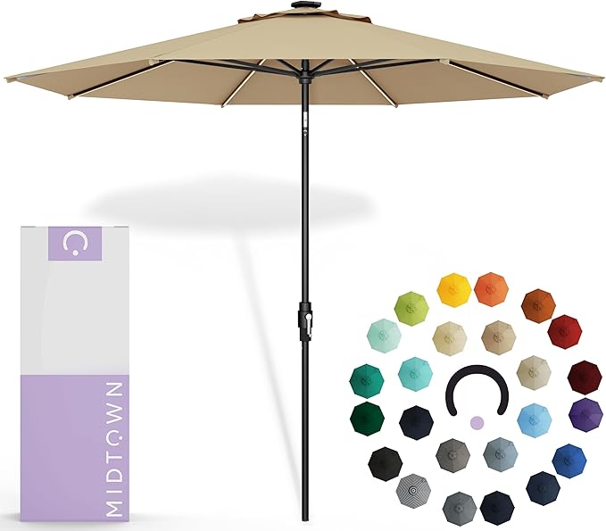 Midtown Umbrellas Led Swilt Sunbrella Umbrella, 8 Foot Patio Umbrella In Sunbrella Heather Tan Acrylic Fabric - Deck Patio Umbrella, Backyard Umbrella, Garden Umbrella & Pool Umbrella - Black Pole