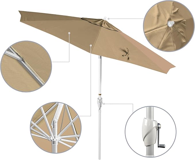 California Umbrella 12-Year Protection 9' Rd Aluminum Patio Umbrella, Crank Lift, Auto Tilt, White Finish, Sunbrella Antique Beige