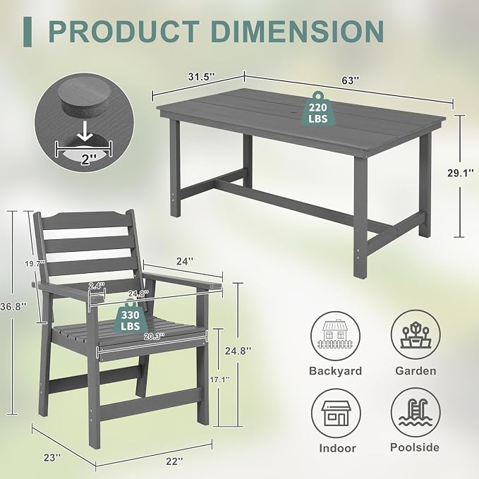 FUNBERRY Outdoor Dining Set, HDPE 5 Piece Dining Table Set with Chairs | 2" Umbrella Hole Table, Wood-Grain, HDPE All Weather, No Rot or Rust or Crack, UV Fade Shield, Easy-Clean for Outside