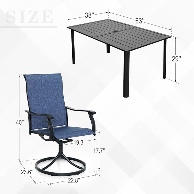 Anmutig 7-Piece Outdoor Dining Set, 6 Swivel Chairs &63'' Rectangular Dining Table with All Weather Frame Furniture Set - Navy Style1