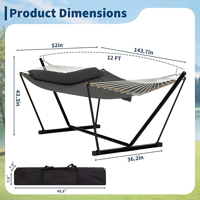 Double Hammocks with Stand for Outside, Heavy Duty Portable Outdoor Hammock with Carrying Bag & Soft Pillow & Paded, 450 LBS Weight Capacity, Perfect for Outdoor Indoor Patio Backyard Garden