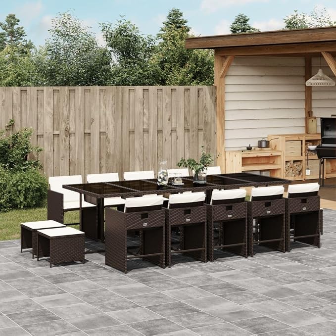 15 Piece Outdoor Patio Dining Set, Large 14-Seater PE Rattan Garden Furniture with Cushions, Foldable Chairs for Backyard Lawn Poolside, Brown