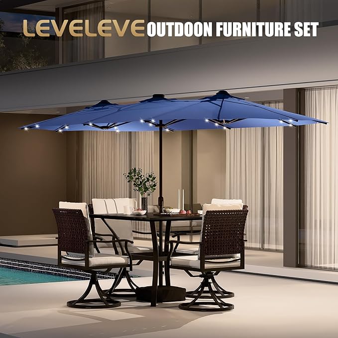 CHABATREE 14FT Large Patio Patio Umbrella with Base & Solar LED Lights - Double-Sided,Blue