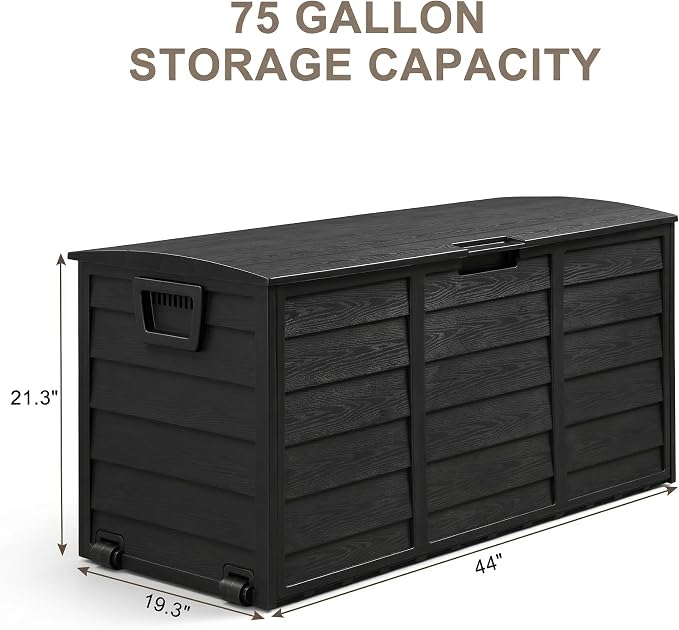 75 Gallon Outdoor Storage Box, 260L Waterproof Resin Deck Box for Patio Furniture Cushions, Garden Tools and Yard Accessories, Lockable Storage Chest with Wheels and Handles (Black)