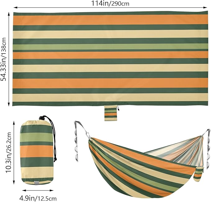 Camping Hammock Outdoor Hammocks for Outside Stripe Green Orange Beach Trees Portable Lightweight with Pockets Tree Straps Indoor
