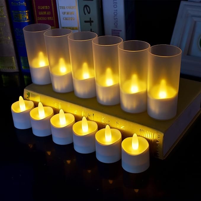 HL Flameless Candles with Remote Timer, 100+Hours Rechargeable Waterproof Outdoor Candles Tea Lights with Charging Base, Warm White LED Votive Floating Tealights for Festival Wedding Party Decor-12pcs