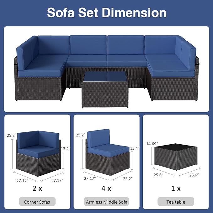 7 PCs Patio Furniture Sets, PE Rattan Wicker Outdoor Sofa, (Sectional Conversation Set with Tea Table, (Dark Blue)