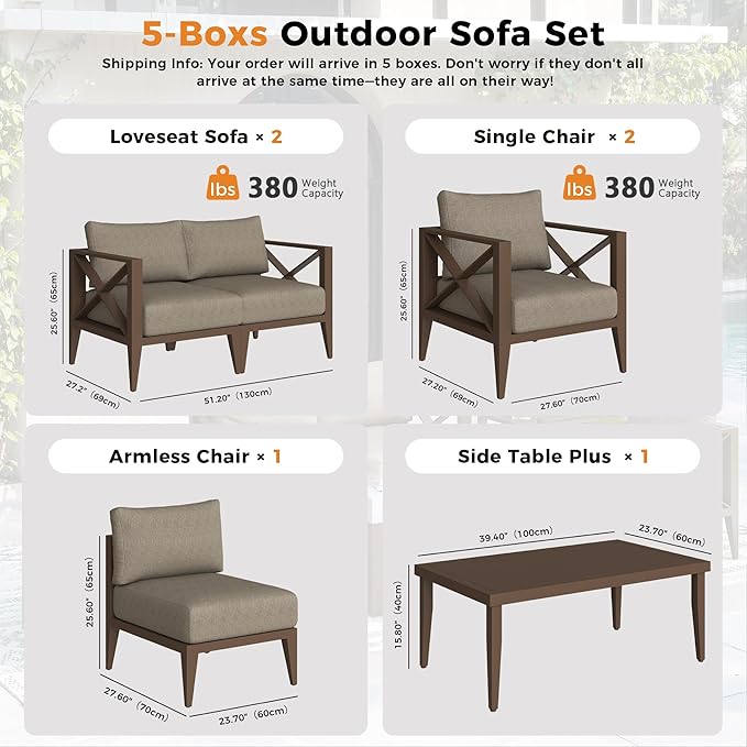 7-Seats Aluminum Outdoor Patio Furniture Set, Sectional Conversation Sofa Set with 5.2" Thick Cushions & Coffee Table,Rust-Resistant Frame Seating Sofa for Porch, Garden, Backyard, Brown