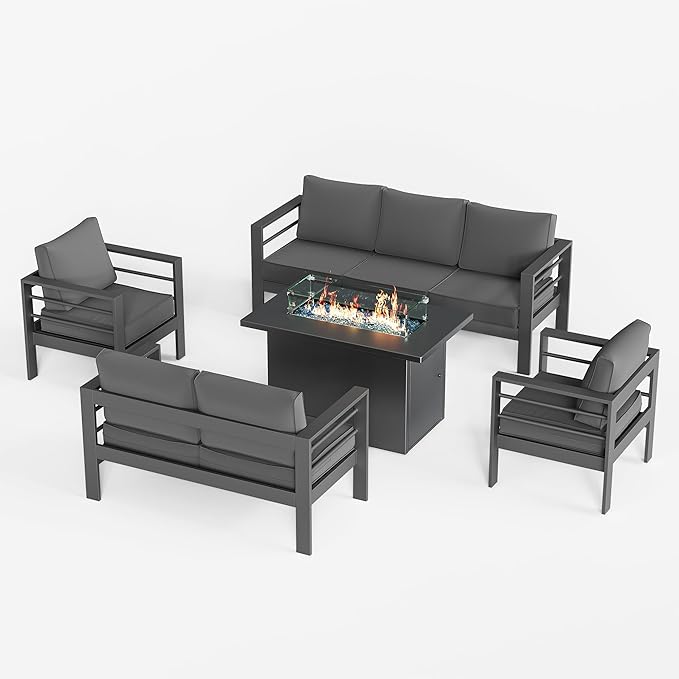 UDPATIO Aluminum Patio Furniture Set, 5 Pieces Outdoor Conversation Set with Fire Pit Table, All-Weather Modern Sectional Sofa for Patio, Deck, Backyard, Dark Grey/Dark Grey