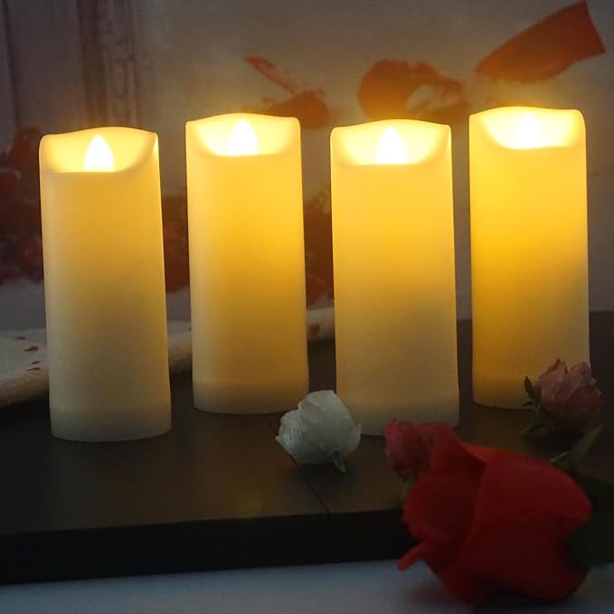 QIDEA 2”X5” Outdoor Waterproof Flameless Candles with Timer, Battery Operated Flickering Led Pillar Candles, Electric Plastic Fake Candles for Home Garden Wedding Halloween Xmas Decorations 4 Pack