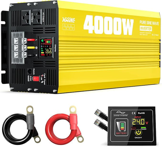 XWJNE 4000W Pure Sine Wave Power Inverter 24V DC to 120V AC Converter with LED Display and Remote Controller for Home, RV, Truck, Off-Grid Solar Power