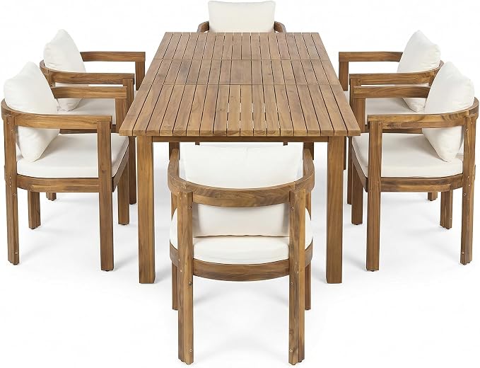 VilroCaz 7-Piece Patio Dining Set for 6, Acacia Wood Dinning Set with 67.75''- 87.25" Expandable Table, 6 Chairs and Cushions, All-Weather Outdoor Conversation Set for Garden Backyard (Teak-ex7)