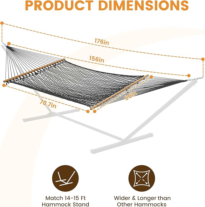 Lazy Daze Hammocks 13-FT Polyester Rope Hammock, Double 2 Person Traditional Hand Woven Outdoor Hammock with Spreader Bar, Carabiners, Tree Straps, Chains for Outside Patio- Max 450 Lbs, Grey
