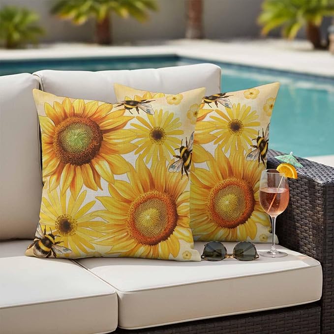 Outdoor Throw Pillow Covers,Farmhouse Sunflower Bee on Linen Waterproof Decorative Pillowcases Cushion Cover Retro Pastoral Yellow Flower Pillow Cases for Patio Couch Sofa Bed,20x20in Set of 2
